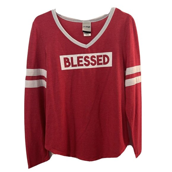Jerry Leigh Tops - Jerry Leigh Size Large Junior "BLESSED" Jersey Shirt Red Long Sleeve V-Neck